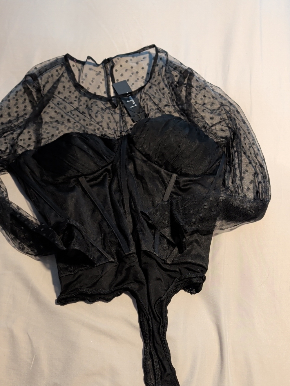 Lulu's Black Sheer Polka Dot Long-Sleeve Bodysuit
